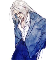 Rule 34 | 1boy, alternate costume, aqua eyes, blue jacket, blue pants, blue suit, collared shirt, cowboy shot, final fantasy, final fantasy vii, formal, grey hair, hair between eyes, hands in pockets, highres, jacket, leaning forward, long bangs, long hair, looking at viewer, male focus, nijinsiji, open clothes, open jacket, pants, parted bangs, sephiroth, shirt, smile, solo, suit, suit jacket, white background, white shirt