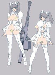 Rule 34 | 1girl, absurdres, anti-materiel rifle, ass, ass cutout, blue eyes, boots, bottomless, bow, breast cutout, breasts, breasts apart, bridal gauntlets, bullpup, butt crack, clothing cutout, crotch cutout, crotch pastie, grey background, gun, hair bow, high heels, highres, large breasts, lipstick, looking at viewer, looking back, maebari, makeup, motchie, no panties, one eye closed, original, pasties, revealing clothes, rifle, scope, see-through, shoes, simple background, sniper rifle, solo, standing, star maebari, star pasties, thigh boots, thighhighs, twintails, weapon, wink