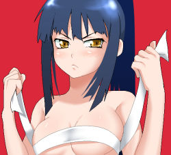 Rule 34 | 1girl, :&lt;, angry, aobe, atlus, bad id, bad pixiv id, bandages, bare shoulders, blush, body blush, breasts, bursting breasts, bushidou (sekaiju), embarrassed, etrian odyssey, frown, holding, large breasts, long hair, looking at viewer, ponytail, samurai, sarashi, sideboob, simple background, solo, underboob, undressing, upper body, yellow eyes