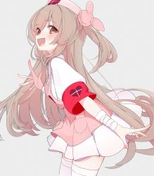 Rule 34 | 1girl, absurdres, apron, bandaged arm, bandages, blush, brown hair, commentary, dress, fang, grey background, hair ornament, hat, heart, highres, long hair, looking at viewer, nail polish, natori sana, nurse, nurse cap, open mouth, osakanaaaaaa, pink apron, pink hat, pink nails, puffy short sleeves, puffy sleeves, rabbit hair ornament, sana channel, short sleeves, simple background, solo, symbol-only commentary, thighhighs, two side up, very long hair, virtual youtuber, white dress, white thighhighs