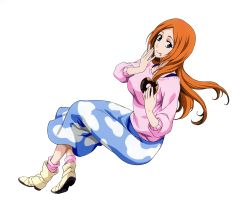 Rule 34 | 1girl, bleach, bleach: brave souls, blue eyes, breasts, donuts, full body, highres, inoue orihime, kubo tite, large breasts, long hair, official art, orange hair, simple background, smile, solo, sweater