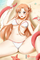 Rule 34 | 1girl, artist name, asuna (sao), bare arms, bare shoulders, beach, bikini, blush, braid, breasts, breasts apart, brown eyes, brown hair, collarbone, feet out of frame, french braid, from above, grabbing, highres, kimmy77, long hair, lying, medium breasts, navel, nose blush, on back, on ground, open mouth, parted bangs, sand, seashell, shell, solo, spread legs, starfish, stomach, sweat, swimsuit, sword art online, tareme, tentacle grab, tentacles, thighs, underboob, very long hair, water, white bikini