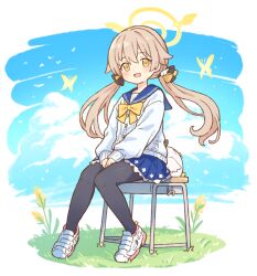 Rule 34 | 1girl, black pantyhose, black ribbon, blonde hair, blue archive, blue sailor collar, blue skirt, blue sky, bow, bowtie, bug, butterfly, cardigan, cloud, commentary, desk, grass, hair ribbon, halo, hifumi (blue archive), insect, knees together feet apart, light blush, long hair, long sleeves, low twintails, on desk, onyhakase, open mouth, pantyhose, peroro (blue archive), pleated skirt, ribbon, sailor collar, shoes, sitting, skirt, sky, sleeves past wrists, smile, sneakers, solo, twintails, very long hair, white cardigan, white footwear, yellow bow, yellow bowtie, yellow eyes, yellow ribbon