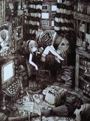 Rule 34 | 1girl, black shirt, book, book stack, broom, can, chair, cup, curtains, flower, framed, greyscale, headband, highres, medium hair, monochrome, original, picture frame, poster (object), shelf, shirt, shorts, single sock, sleeveless, socks, solo, television, usio ueda