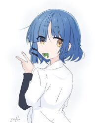 Rule 34 | 1girl, artist name, blue hair, bocchi the rock!, collared shirt, commentary request, core (mayomayo), eating, hair ornament, hair over one eye, hairclip, highres, layered sleeves, long sleeves, mole, mole under eye, shirt, short hair, short over long sleeves, short sleeves, signature, simple background, solo, upper body, v, white background, white shirt, yamada ryo