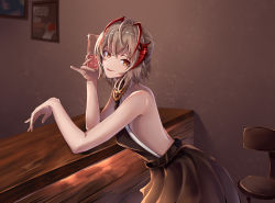 Rule 34 | 1girl, absurdres, alternate costume, antennae, arknights, backless dress, backless outfit, bare arms, bare shoulders, black dress, brown eyes, chair, commentary, cup, dress, drinking glass, hand up, highres, holding, holding cup, horns, indoors, innovation, looking at viewer, pleated dress, short hair, silver hair, smile, solo, w (arknights)