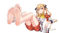 Rule 34 | 1girl, absurdres, barefoot, blonde hair, blush, feet, highres, long hair, looking at viewer, orange eyes, shoes, unworn shoes, shorts, smile, soles, toes, twintails, virtual youtuber, white background, xo, xo (xo17800108)