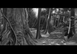 Rule 34 | bad id, bad pixiv id, forest, greyscale, leaf, letterboxed, monochrome, nakakore, nature, no humans, original, plant, scenery, signature, stairs, tree