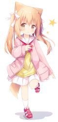 Rule 34 | 1girl, :o, absurdres, alternate hairstyle, animal ear fluff, animal ears, blush, bow, brown eyes, commentary request, full body, hair between eyes, hair bow, hand up, highres, jacket, light brown hair, long hair, long sleeves, looking at viewer, miike-chan, nakkar, open clothes, open jacket, original, parted lips, pink jacket, pleated skirt, red footwear, shadow, shirt, shoes, skirt, sleeves past wrists, socks, solo, standing, standing on one leg, star (symbol), tail, two side up, white background, white bow, white skirt, white socks, yellow shirt