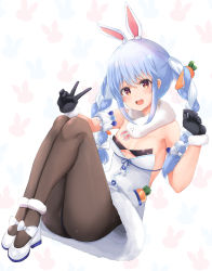 Rule 34 | 1girl, animal ear fluff, animal ears, ass, bare shoulders, black gloves, black leotard, blue hair, braid, brown pantyhose, carrot hair ornament, coat, detached sleeves, don-chan (usada pekora), food-themed hair ornament, fur collar, fur trim, gloves, hair ornament, hands up, highres, hololive, knees up, leotard, long hair, looking at viewer, neneru, open mouth, orange eyes, pantyhose, rabbit ears, rabbit girl, shoes, solo, strapless, strapless leotard, twin braids, twintails, usada pekora, usada pekora (1st costume), v, virtual youtuber, white coat, white footwear, | |