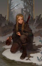 Rule 34 | 1boy, armor, blonde hair, boots, commentary, crescent moon, fantasy, faulds, fingerless gloves, flask, full body, gem, german commentary, gloves, hair over shoulder, highres, jewelry, male focus, moon, morry, multiple moons, necklace, on one knee, original, outdoors, pants, parted bangs, pendant, sheath, sheathed, snow, solo, sword, sword behind back, weapon, weapon on back