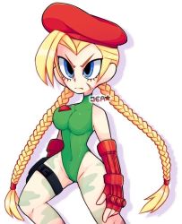 Rule 34 | 1girl, angry, beret, blonde hair, blue eyes, braid, breasts, cammy white, capcom, scar on face, fingerless gloves, gloves, green leotard, halterneck, hat, holster, large breasts, leg tattoo, leotard, long hair, red gloves, red headwear, scar, scar on cheek, scar on face, sprayjea, standing, street fighter, tattoo, thigh strap, twin braids, white background