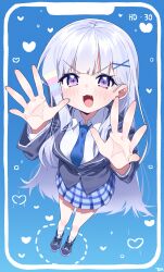 Rule 34 | 1girl, :d, absurdres, ayatsuno yuni, black footwear, blazer, blue background, blue necktie, blue skirt, blush, breasts, collared shirt, commentary request, dotted line, fang, full body, grey hair, grey jacket, hair ornament, hairclip, hands up, heart, highres, jacket, long sleeves, looking at viewer, medium breasts, necktie, open mouth, plaid, plaid skirt, pleated skirt, purple eyes, shirt, shoes, signature, skirt, smile, socks, solo, standing, stellive, tosyeo, v-shaped eyebrows, virtual youtuber, white shirt, white socks, x hair ornament