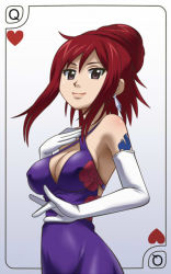 Rule 34 | 1girl, alternate costume, alternate hairstyle, arm tattoo, awa, bare shoulders, blush, breasts, card, cleavage, closed mouth, covered erect nipples, dress, earrings, elbow gloves, erza scarlet, facing viewer, fairy tail, floral print, flower, gloves, grey eyes, hair bun, hair up, hands up, happy, heart, jewelry, large breasts, long hair, looking at viewer, no bra, playing card, purple dress, red hair, single hair bun, smile, solo, standing, tattoo, white gloves
