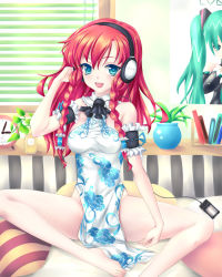 Rule 34 | 1girl, aqua eyes, aqua hair, barefoot, bed, blue eyes, book, braid, breasts, china dress, chinese clothes, clock, detached sleeves, digital media player, dress, female focus, fred0092, hatsune miku, headphones, headset, highres, hong meiling, indoors, long hair, necktie, no headwear, no headwear, no panties, open mouth, pillow, poster (medium), poster (object), red hair, side braid, sitting, smile, solo, touhou, twin braids, twintails, vocaloid, window