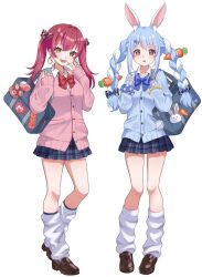 animal_ears bag blue_cardigan blue_hair braid cardigan full_body gyaru heterochromia highres holding holding_bag hololive houshou_marine leg_warmers long_hair multicolored_hair nametakeko pink_cardigan pleated_skirt rabbit_ears rabbit_girl red_eyes red_hair shirt simple_background skirt twin_braids twintails two-tone_hair usada_pekora virtual_youtuber white_background white_hair white_leg_warmers white_shirt yellow_eyes