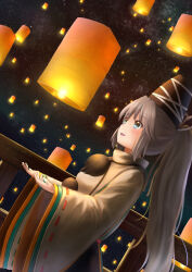 Rule 34 | 1girl, absurdres, blue eyes, commentary request, cowboy shot, dutch angle, from side, grey hair, hair between eyes, hat, highres, japanese clothes, kariginu, lantern, long hair, long sleeves, luke (kyeftss), medium bangs, mononobe no futo, night, open hands, open mouth, outdoors, paper lantern, pom pom (clothes), ponytail, railing, redrawn, ribbon-trimmed sleeves, ribbon trim, sideways mouth, sky, sky lantern, smile, solo, standing, star (sky), starry sky, tate eboshi, touhou, very long hair, wide sleeves