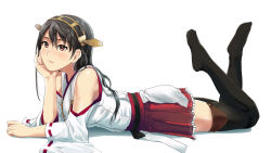 Rule 34 | 10s, 1girl, black hair, black thighhighs, brown eyes, detached sleeves, feet, hairband, haruna (kancolle), head rest, japanese clothes, kantai collection, long hair, lying, munakata (hisahige), no shoes, on stomach, red eyes, skirt, solo, thighhighs