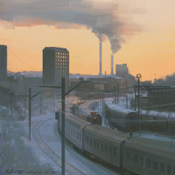 Rule 34 | alzi xiaomi, building, city, commentary, dated, day, english commentary, grass, industrial, original, outdoors, power lines, railroad tracks, signature, smoke, snow, sunset, train