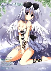Rule 34 | 1girl, absurdres, barefoot, blush, bow, breasts, cleavage, collar, collarbone, commentary, dress, full body, hair bow, highres, kneeling, korie riko, looking at viewer, own hands together, purple eyes, silver hair, skirt, solo, spaghetti strap, tareme, v arms, white wings, wings, wristband