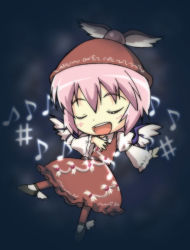 Rule 34 | 1girl, brown hat, chibi, closed eyes, female focus, full body, gradient background, hat, mukai, music, mystia lorelei, pink hair, short hair, singing, solo, touhou, wings