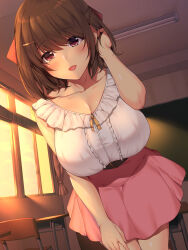 Rule 34 | 1girl, absurdres, adjusting hair, blush, boku no suki na sensei wa mou inai, breasts, brown hair, chair, chalkboard, classroom, cleavage, desk, evening, eyebrows hidden by hair, feet out of frame, female focus, highres, huge breasts, indoors, leaning forward, legs, looking at viewer, medium hair, mole, mole under eye, narumi cristear note, open mouth, original, red eyes, skirt, smile, solo, standing, sunlight, teacher, thighs, window