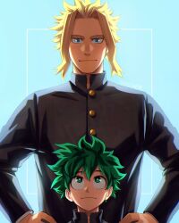 Rule 34 | 2boys, black jacket, blonde hair, boku no hero academia, buttons, closed mouth, commentary, english commentary, freckles, green eyes, green hair, hands on own hips, height difference, highres, jacket, long sleeves, looking at viewer, looking up, male focus, midoriya izuku, multiple boys, parted bangs, portrait, short hair, smile, trevo (trevoshere), upper body, yagi toshinori