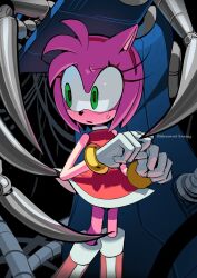 Rule 34 | 1boy, 1girl, amy rose, claws, dress, furry, furry female, gloves, green eyes, highres, metal overlord, metal sonic, mojunpwo, robot, solo focus, sonic (series), sonic heroes, white gloves