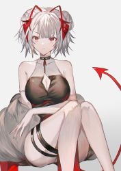 Rule 34 | 1girl, antennae, arknights, bad id, bad twitter id, bare shoulders, breasts, cleavage, cleavage cutout, closed mouth, clothing cutout, double bun, dress, feather boa, feet out of frame, frown, grey background, greyscale, hair bun, highres, invisible chair, looking at viewer, medium breasts, monochrome, red eyes, roji (roji xx), short hair, simple background, sitting, sleeveless, sleeveless dress, solo, tail, thigh strap, w (arknights)