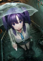 Rule 34 | 1girl, :o, absurdres, black skirt, blue archive, blue necktie, blush, bra visible through clothes, from above, full body, halo, highres, holding, holding umbrella, lanyard, looking at viewer, necktie, outdoors, pleated skirt, purple eyes, purple hair, rain, shirt, sidelocks, skirt, solo, suang, transparent, transparent umbrella, two side up, umbrella, water drop, wet, wet clothes, wet shirt, white shirt, yuuka (blue archive)