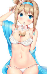 Rule 34 | 1girl, :o, absurdres, arm behind back, bachibachi (tisen), bare shoulders, bikini, blue eyes, blue jacket, blue nails, blush, breasts, brown hair, bubble tea, bubble tea challenge, cleavage, collarbone, cowboy shot, cup, disposable cup, drinking straw, frilled bikini, frills, girls&#039; frontline, hair bun, hair intakes, hair ornament, hairband, halterneck, hand up, highres, jacket, long hair, looking at viewer, medium breasts, nail polish, navel, off shoulder, official alternate costume, open mouth, side bun, simple background, single hair bun, single side bun, snowflake hair ornament, solo, stomach, suomi (girls&#039; frontline), suomi (midsummer pixie) (girls&#039; frontline), swimsuit, white background, white bikini