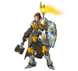 Rule 34 | 1girl, armor, blizzard (company), brigitte (overwatch), brown hair, full body, glowing, highres, looking at viewer, mace, official art, overwatch, overwatch 1, shield, simple background, smile, solo, weapon, white background