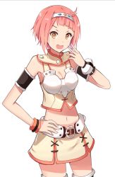 Rule 34 | 10s, 1girl, bad id, bad pixiv id, belt, blunt bangs, breasts, cleavage, hairband, hand on own hip, highres, kenkaizar, looking at viewer, midriff, miniskirt, navel, nina dragnot, open mouth, pink hair, shingeki no bahamut, shingeki no bahamut: virgin soul, short hair, skirt, solo, thighhighs, white background, yellow eyes