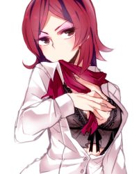 Rule 34 | 1girl, bra, fate/zero, fate (series), lingerie, mouth hold, open clothes, open shirt, red eyes, red hair, red scarf, scarf, shirt, short hair, sola-ui nuada-re sophia-ri, solo, tateshina ryouko, underwear