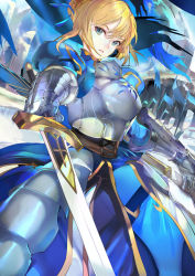 Rule 34 | 119, 1girl, armor, armored dress, artoria pendragon (all), artoria pendragon (fate), blonde hair, blue ribbon, braid, breastplate, excalibur (fate/stay night), fate/grand order, fate (series), french braid, gauntlets, green eyes, hair bun, hair ribbon, highres, looking at viewer, parted lips, pixiv fate/grand order contest 2, revision, ribbon, saber (fate), single hair bun, solo, sword, weapon