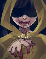 Rule 34 | 1girl, black hair, blood, blood on face, blood on hands, claw pose, close-up, commentary, copyright name, facing viewer, fingernails, hood, hood up, horror (theme), little nightmares (series), no eyes, open mouth, portrait, raincoat, reaching, reaching towards viewer, shaded face, short hair, six (little nightmares), smile, solo, souen senri, teeth, upper body, yellow raincoat