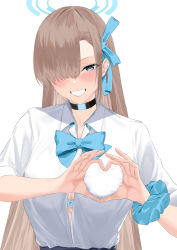 Rule 34 | 1girl, agape il, asuna (blue archive), black choker, blue archive, blue bow, blue bowtie, blue bra, blue ribbon, blue scrunchie, blush, bow, bowtie, bra, bra peek, breasts, brown hair, choker, collared shirt, commentary, dress shirt, grin, hair over one eye, hair ribbon, halo, heart, heart-shaped boob challenge, heart hands, highres, large breasts, long hair, looking at viewer, one eye covered, ribbon, scrunchie, shirt, shirt tucked in, simple background, smile, solo, underwear, upper body, very long hair, white background, wrist scrunchie