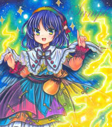 Rule 34 | 1girl, :d, bag, blue hair, bow, cape, cowboy shot, dress, green eyes, hairband, index finger raised, long sleeves, looking at viewer, marker (medium), multicolored clothes, multicolored dress, multicolored hairband, open mouth, patchwork clothes, pointing, pointing up, red bow, rui (sugar3), sample watermark, short hair, sky, smile, solo, standing, star (sky), starry sky, tenkyuu chimata, touhou, traditional media, watermark, white cape