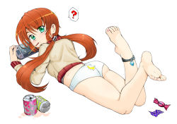 Rule 34 | 1girl, ?, anklet, ass, barefoot, blush, can, candy, draw-till-death, drink can, eating, feet, food, foot focus, full body, game console, green eyes, handheld game console, jacket, jewelry, legs up, long hair, looking back, lying, mouth hold, nail polish, on stomach, orange hair, original, panties, print panties, simple background, soda, soda can, soles, solo, speech bubble, spoken question mark, the pose, toenail polish, toenails, toes, twintails, underwear, white background