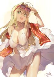 Rule 34 | 1girl, ahoge, bianyuanqishi, blonde hair, blush, bracelet, breasts, cleavage, cosplay, dress, earrings, eyewear on head, fate (series), green eyes, hair intakes, highres, jewelry, large breasts, long hair, marilyn monroe, marilyn monroe (cosplay), nero claudius (fate), nero claudius (fate), nero claudius (fate/extra), open mouth, shawl, signature, simple background, smile, solo, sunglasses, white background, white dress