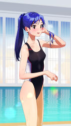 Rule 34 | 1girl, black one-piece swimsuit, blue hair, breasts, brown eyes, competition swimsuit, cowboy shot, highres, idolmaster, idolmaster million live!, kisaragi chihaya, long hair, omitsu, one-piece swimsuit, ponytail, small breasts, solo, standing, swimsuit, two-tone swimsuit