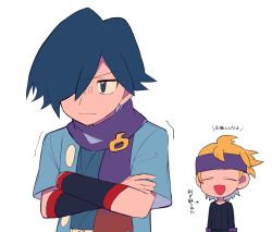 Rule 34 | 2boys, arrow (symbol), black sweater, black wristband, blonde hair, blue eyes, blue hair, blue jacket, blue kimono, closed mouth, commentary request, creatures (company), crossed arms, falkner (pokemon), game freak, hair over one eye, headband, highres, jacket, japanese clothes, kimono, male focus, morty (pokemon), multiple boys, nintendo, open clothes, open jacket, pokemon, pokemon hgss, purple headband, purple scarf, scarf, short hair, short sleeves, sweater, translation request, trembling, tyako 089, upper body, wristband