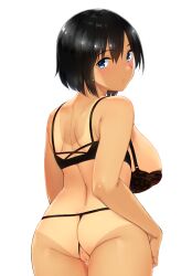 Rule 34 | 1girl, ass, black hair, blue eyes, blush, bra, breasts, cleft of venus, crotchless, crotchless panties, female focus, from behind, game cg, large breasts, legs, lingerie, looking at viewer, looking back, mamedenkyuu (berun), natsuhara hazuki, original, panties, pussy, short hair, solo, summer inaka no seikatsu, tachi-e, tan, tanline, thighs, transparent background, uncensored, underwear, underwear only