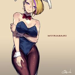 Rule 34 | 1girl, animal ears, black pantyhose, blonde hair, bow, bowtie, breasts, character name, cleavage, detached collar, earrings, echizen murasaki, fake animal ears, gbmah, jewelry, leotard, looking at viewer, pantyhose, playboy bunny, purple hair, rabbit ears, short hair, smile, solo, tokyo 7th sisters, wrist cuffs
