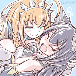 Rule 34 | 2girls, animal ear fluff, animal ears, asymmetrical docking, black hair, blue eyes, blue sleeves, blush, braid, breast press, breasts, cat ears, cat girl, closed eyes, detached sleeves, dress, hair ribbon, jacket, karyl (princess connect!), large breasts, long hair, looking at another, low twintails, multicolored hair, multiple girls, open mouth, orange hair, pecorine (princess connect!), princess connect!, puffy short sleeves, puffy sleeves, purple jacket, ribbon, short sleeves, side braid, sleeveless, sleeveless dress, smug, streaked hair, studiozombie, tiara, twintails, yuri