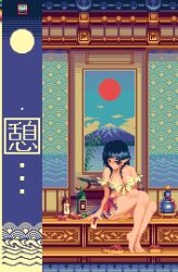 Rule 34 | 1girl, animated, animated gif, architecture, bare shoulders, barefoot, black hair, blinking, blush stickers, bottle, breasts, cloud, cup, earrings, east asian architecture, jewelry, large breasts, midriff, mount fuji, mykar, original, pixel art, pointy ears, red skirt, red sun, sakazuki, sake bottle, sandals, seigaiha, sitting, skirt, solo, unworn sandals, wind, zouri