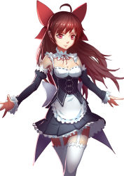 Rule 34 | 10s, 1girl, absurdres, ahoge, alternate costume, alternate eye color, apron, arm garter, bare shoulders, bow, breasts, brown hair, cleavage, closed mouth, cosplay, cowboy shot, crossed legs, detached collar, detached sleeves, dress, enmaided, eyebrows, frilled dress, frilled skirt, frilled sleeves, frilled thighhighs, frills, garter straps, hair bow, hakurei reimu, highres, legs together, lihaojie, long hair, long sleeves, looking at viewer, maid, maid apron, maid headdress, medium breasts, miniskirt, neck ribbon, outstretched arms, purple eyes, re:zero kara hajimeru isekai seikatsu, red bow, red ribbon, rem (re:zero), rem (re:zero) (cosplay), ribbon, ribbon-trimmed apron, ribbon-trimmed clothes, ribbon-trimmed collar, ribbon-trimmed sleeves, ribbon trim, simple background, skirt, smile, solo, standing, thighhighs, touhou, underbust, white background, white thighhighs, zettai ryouiki