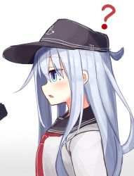 Rule 34 | 1girl, ?, anchor symbol, bad id, bad twitter id, black sailor collar, blue eyes, commentary request, flat cap, hat, hibiki (kancolle), highres, kantai collection, long hair, long sleeves, neckerchief, profile, red neckerchief, reitou mikan, sailor collar, school uniform, serafuku, silver hair, simple background, solo, upper body, white background