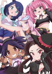 5girls bare_shoulders black_dress black_eyes black_gloves black_hair black_jacket black_shorts blue_eyes blue_hair blush bow-shaped_hair breasts closed_mouth clothing_cutout collarbone coral_(pokemon) cowlick creatures_(company) cropped_jacket dress eyelashes fang game_freak gen_4_pokemon gloves hair_ornament hair_pulled_back hairclip hat hat_ribbon highres index_finger_raised iono_(pokemon) iris_(fall_2022)_(pokemon) iris_(pokemon) jacket leg_up liko_(pokemon) long_hair long_sleeves looking_at_viewer medium_breasts medium_hair mesugaki multicolored_hair multiple_girls nintendo official_alternate_costume open_clothes open_mouth pantyhose pink_hair pokemon pokemon_(anime) pokemon_horizons pokemon_masters_ex pokemon_sv red_eyes ribbon rono_(lethys) rotom rotom_phone roxanne_(fall_2023)_(pokemon) roxanne_(pokemon) sharp_teeth shirt shorts shoulder_cutout simple_background sleeveless sleeveless_dress sleeveless_shirt sleeves_past_fingers sleeves_past_wrists small_breasts smile solo split_mouth teeth twintails two-tone_hair white_background white_shirt witch_hat yellow_jacket