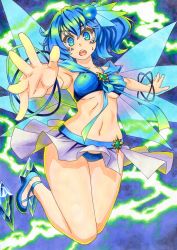Rule 34 | 10s, 1girl, :o, bracelet, breasts, brooch, capelet, curvy, electricity, energy, facial tattoo, fairy wings, foreshortening, glowing, hair bobbles, hair ornament, highres, jewelry, jumping, kawachi koorogi, legs, looking at viewer, microskirt, midriff, navel, open mouth, piruluk, reaching, reaching towards viewer, round teeth, shoes, side ponytail, skirt, slippers, solo, tattoo, teeth, toned, underboob, wide hips, wings, wixoss
